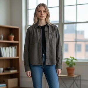 Woman Denim Shirt Jacket Olive Army Green Size M